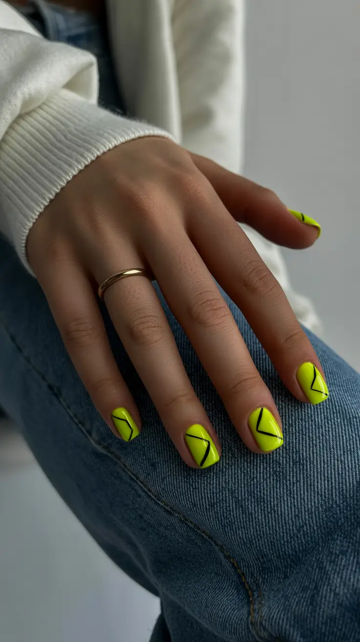 short spring nails 2026 neon lime graphic lines