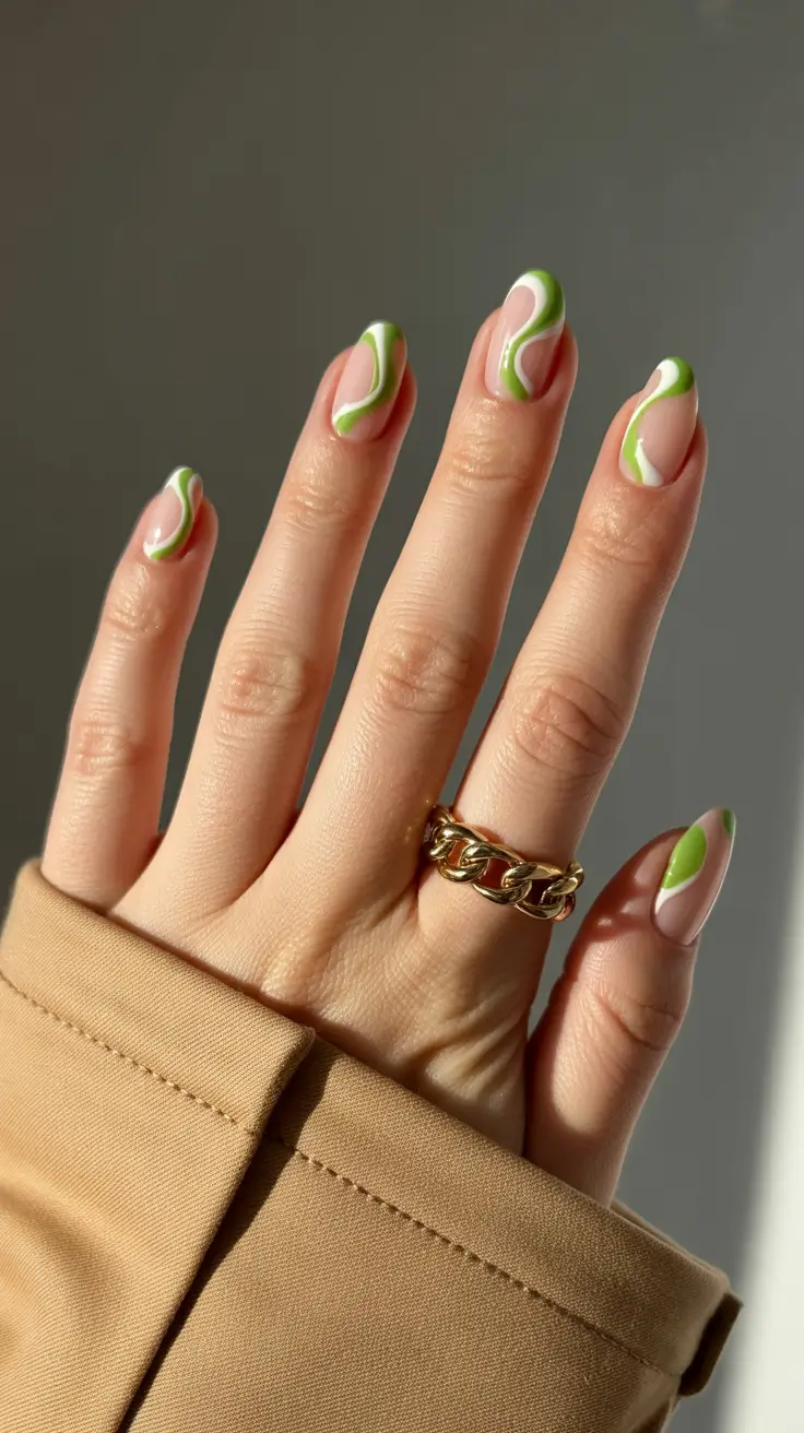 short spring nails 2026 green swirl nail art