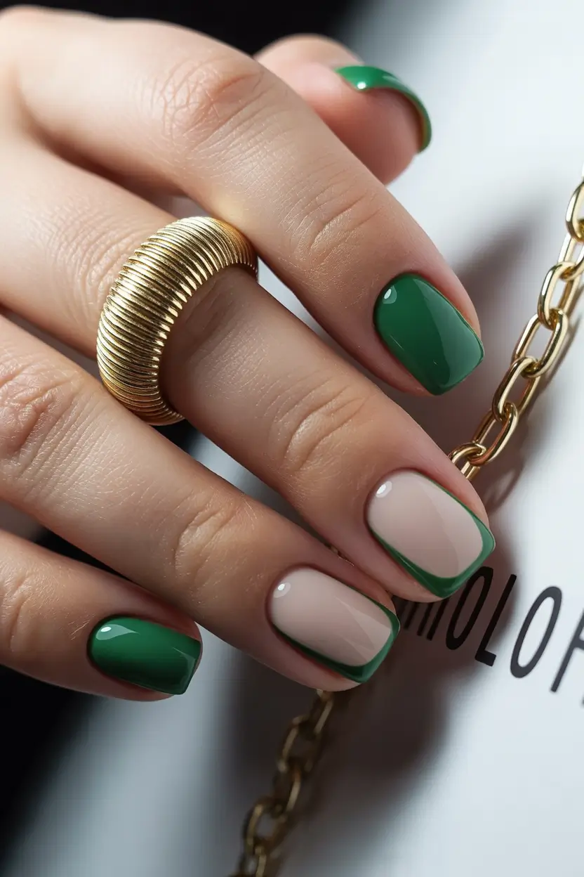 short spring nails 2026 dark green french outline