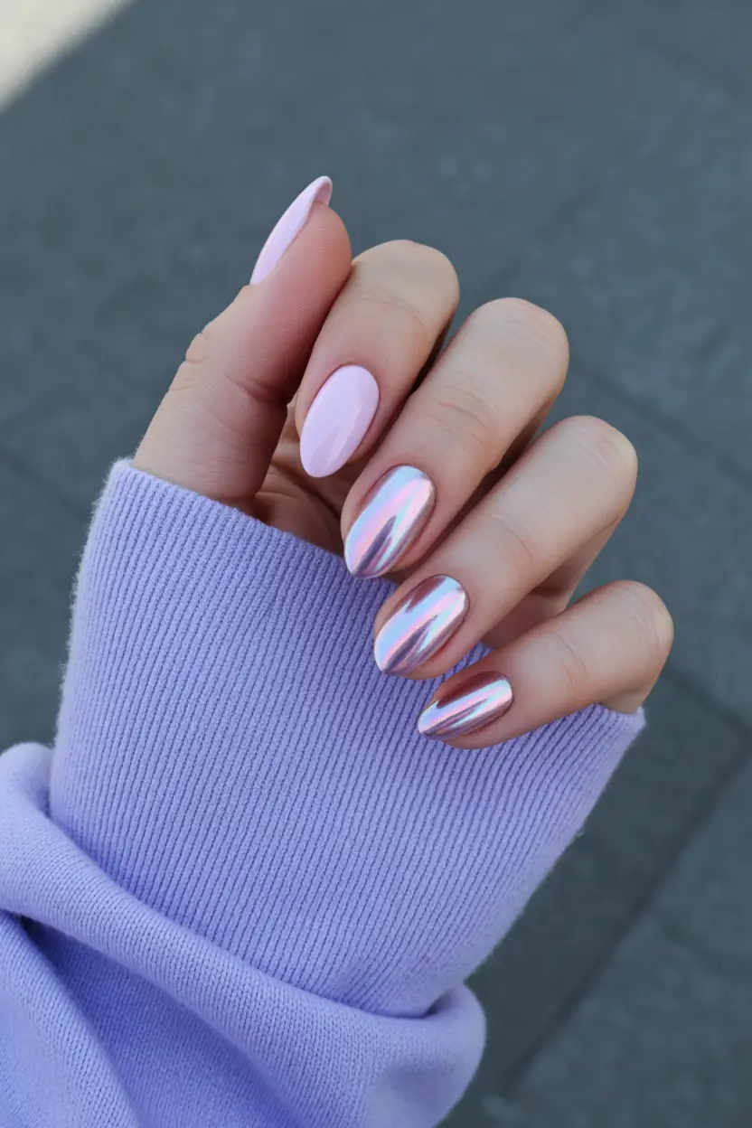 spring hot pink nails Soft Pink and Chrome Accent Almond Nails