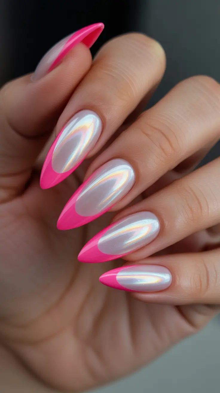 spring hot pink nails Hot Pink French Chrome Almond Nails