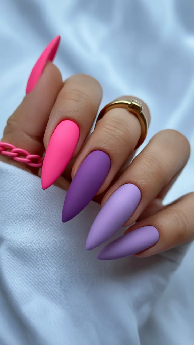 spring hot pink nails Matte Hot Pink and Lavender Stiletto Nails