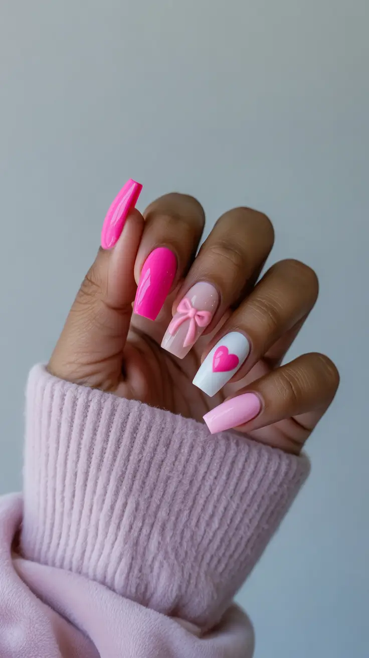 spring hot pink nails Cute Pink Acrylic Nails with Heart Accent