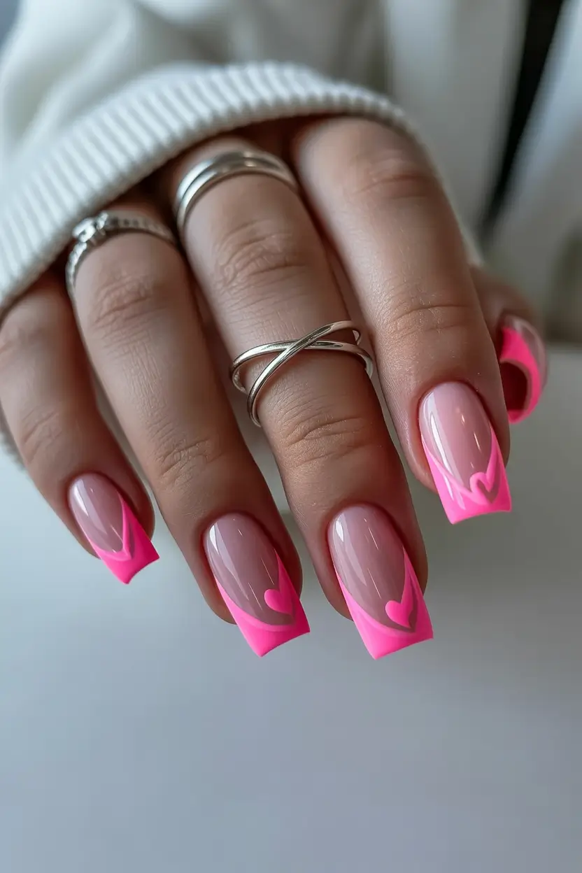 spring hot pink nails Hot Pink French Square Nails with Heart Details
