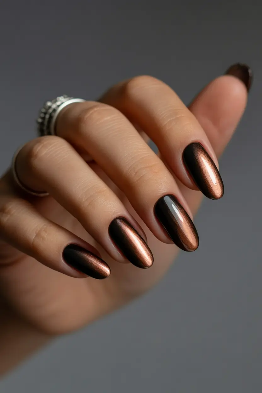 spring nails for dark skin 2026 Molten Cat Eye Brown - Classy Almond Energy