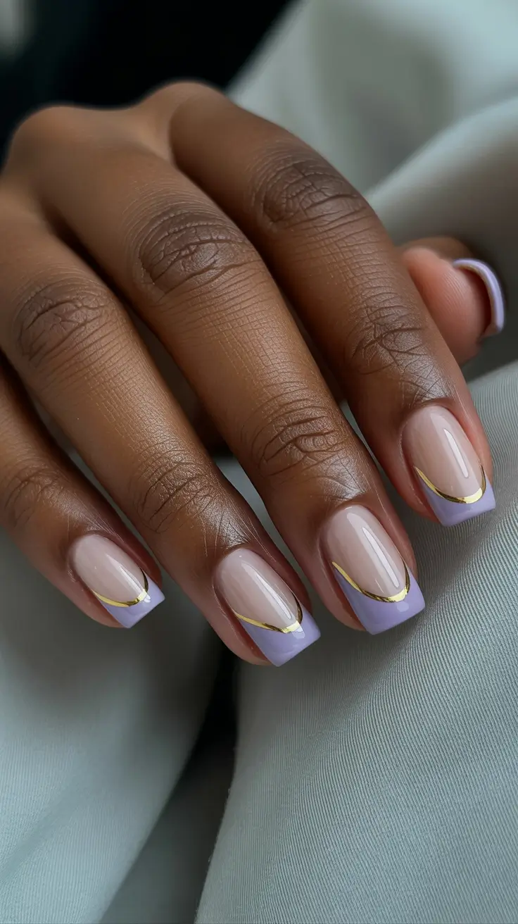 spring nails for dark skin 2026 Lavender French Tip with Gold Curve