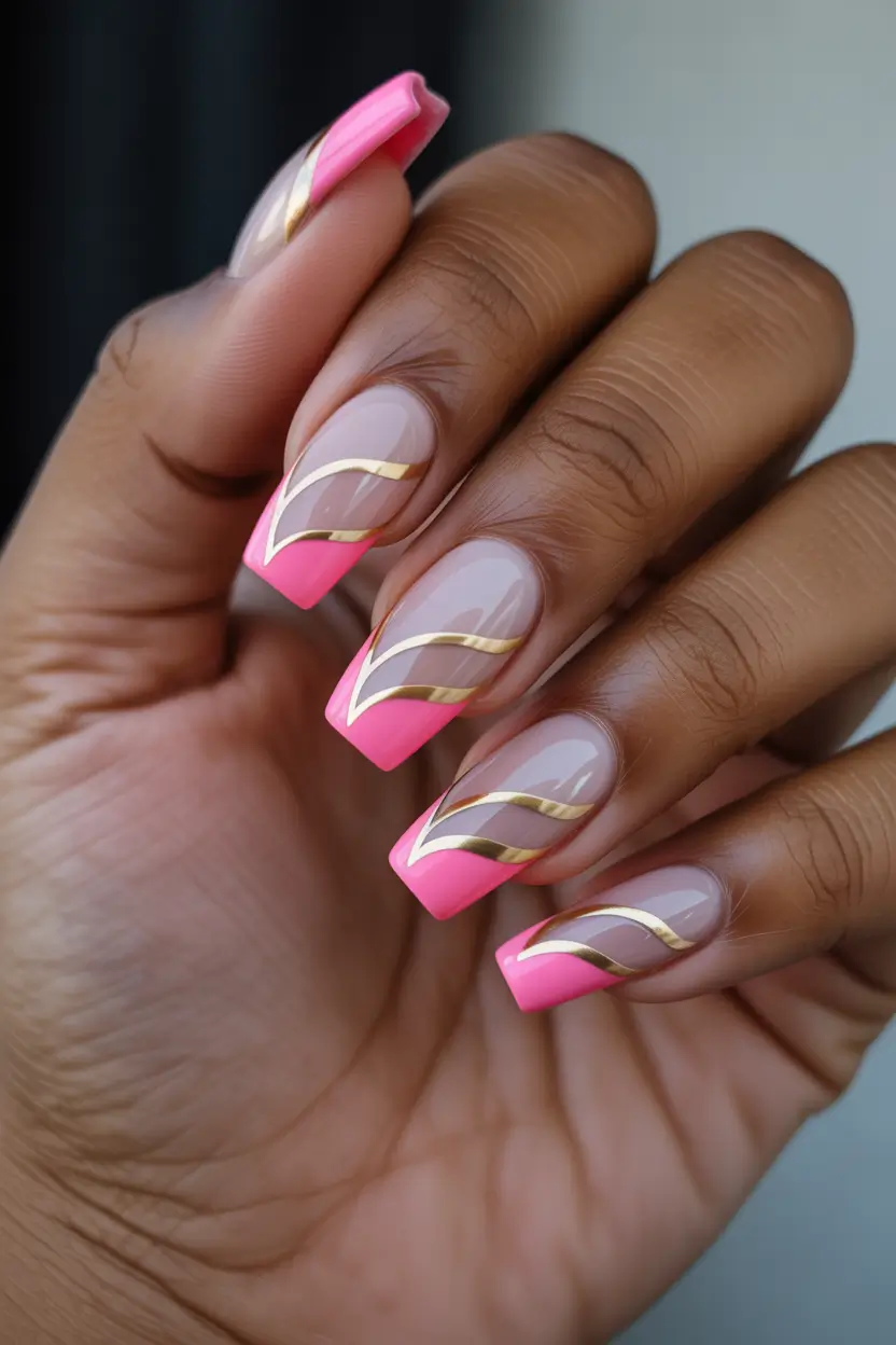 spring nails for dark skin 2026 Hot Pink French with Gold Waves