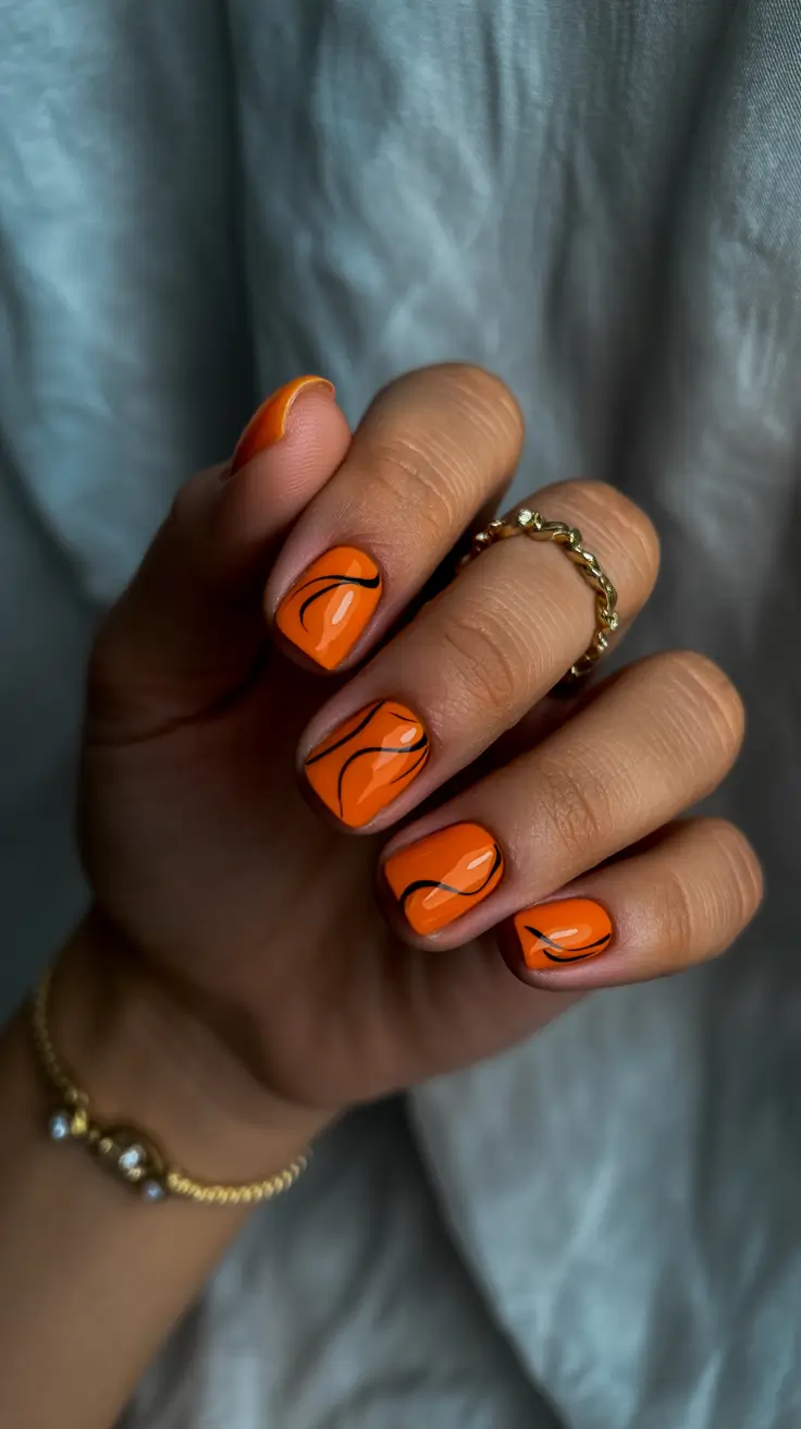 spring nails for dark skin 2026 Glossy Orange with Minimal Black Art