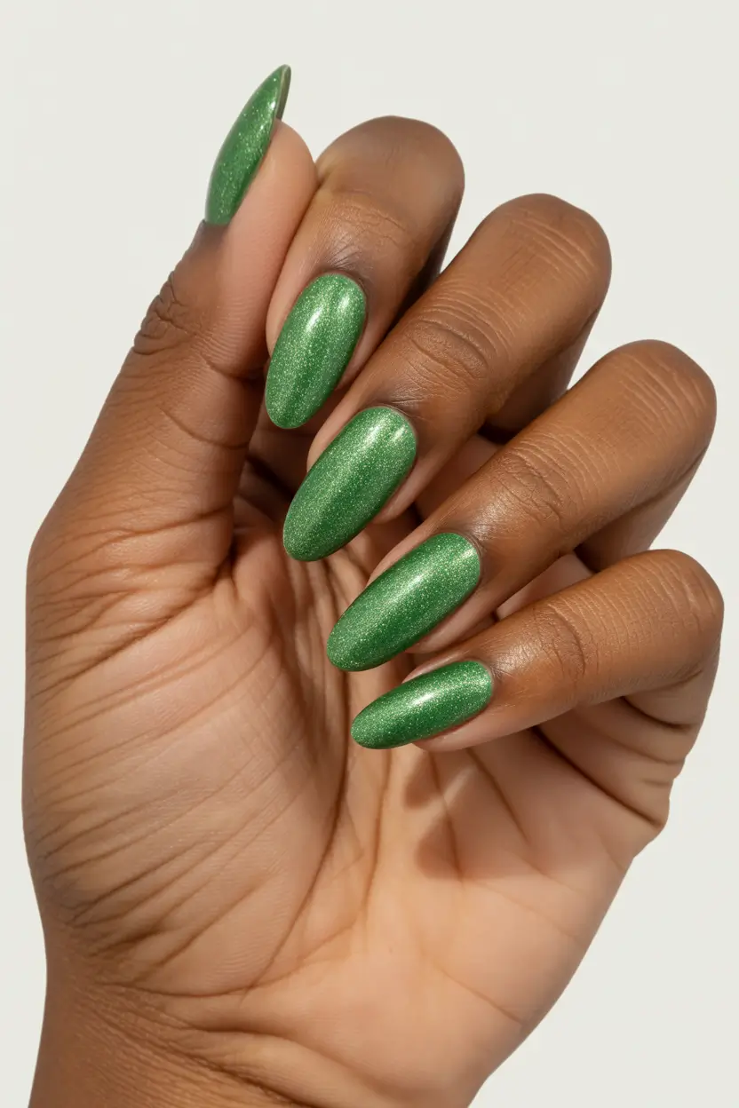 spring nails for dark skin 2026 Shimmering Green Almond Solid Color