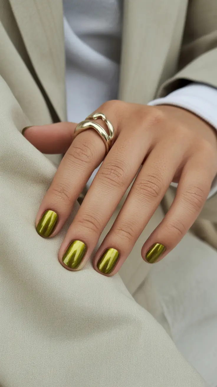 spring nails for dark skin 2026 Olive Chrome Short Nails