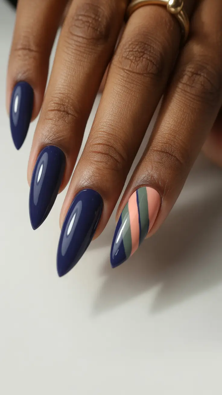 spring nails for dark skin 2026 Deep Navy with Graphic Accent Stripes