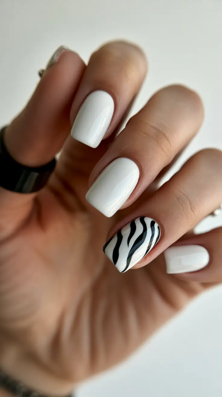 spring nails for dark skin 2026 Black and White Zebra French - Trendy Short Statement