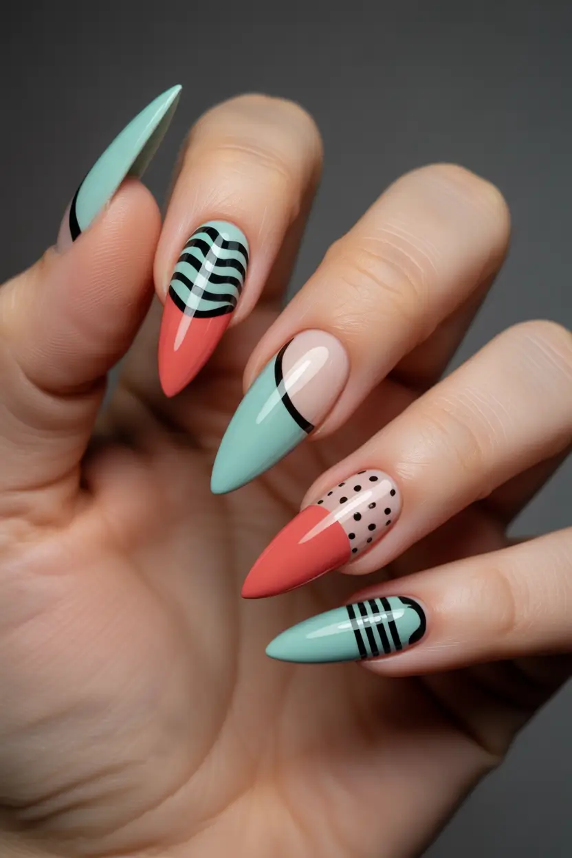 spring nails for dark skin 2026 Playful Mint and Coral Graphic Mix