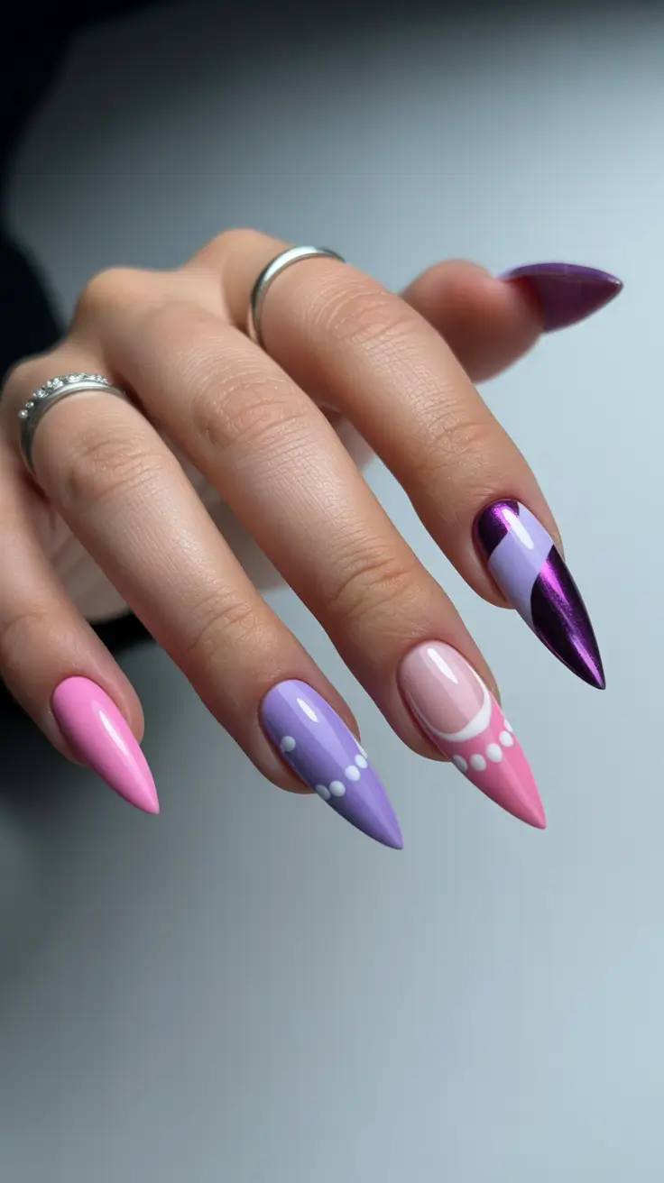 spring nails for dark skin 2026 Playful Pink and Lilac Mix with Metallic Accent