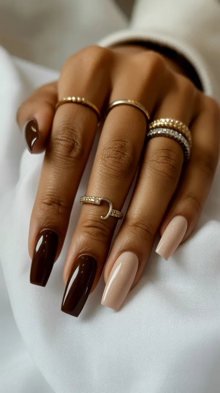 spring nails for dark skin 2026 Chocolate and Nude Contrast for Classy Spring Hands