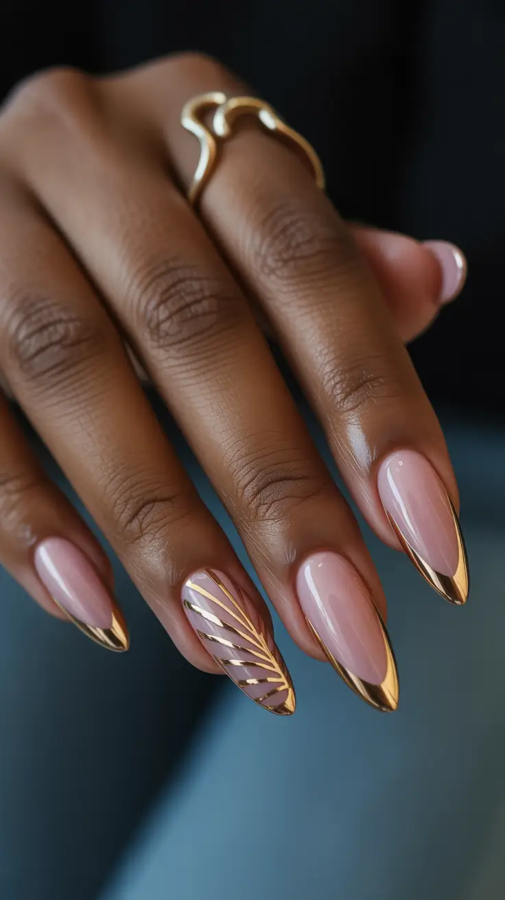 spring nails for dark skin 2026 Blush Pink and Gold French Tip Almond