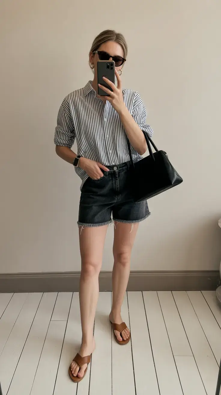 summer flip-flops 2026 Striped Shirt and Denim Shorts - The Casual Formula That Always Wins