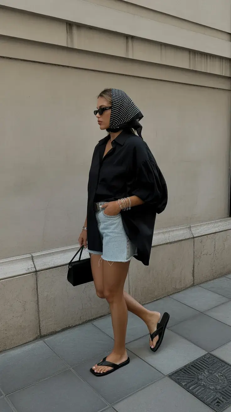 summer flip-flops 2026 All-Black Summer Mood with a Relaxed Oversized Shirt