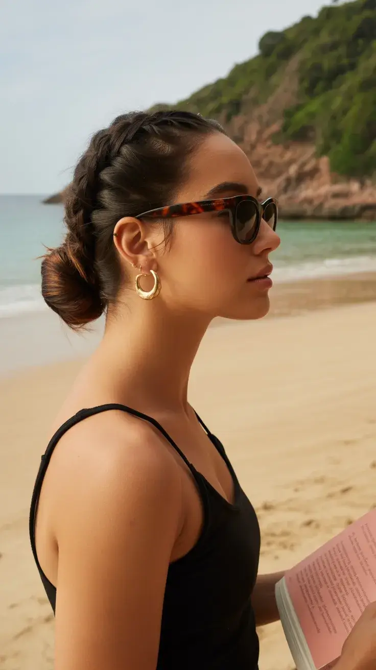summer hairstyles for swimming 2026 Sleek Braided Low Bun for Effortless Beach Days