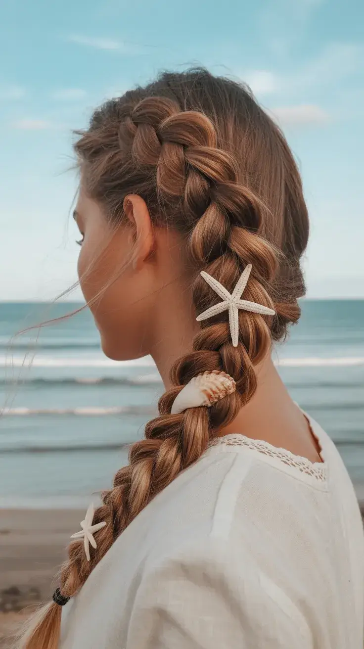 summer hairstyles for swimming 2026 Thick Textured Braid with Coastal Accessories