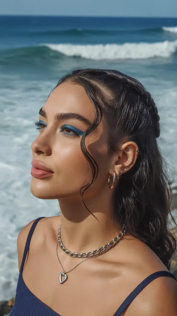 summer hairstyles for swimming 2026 Half Up Braids with Soft Waves by the Ocean