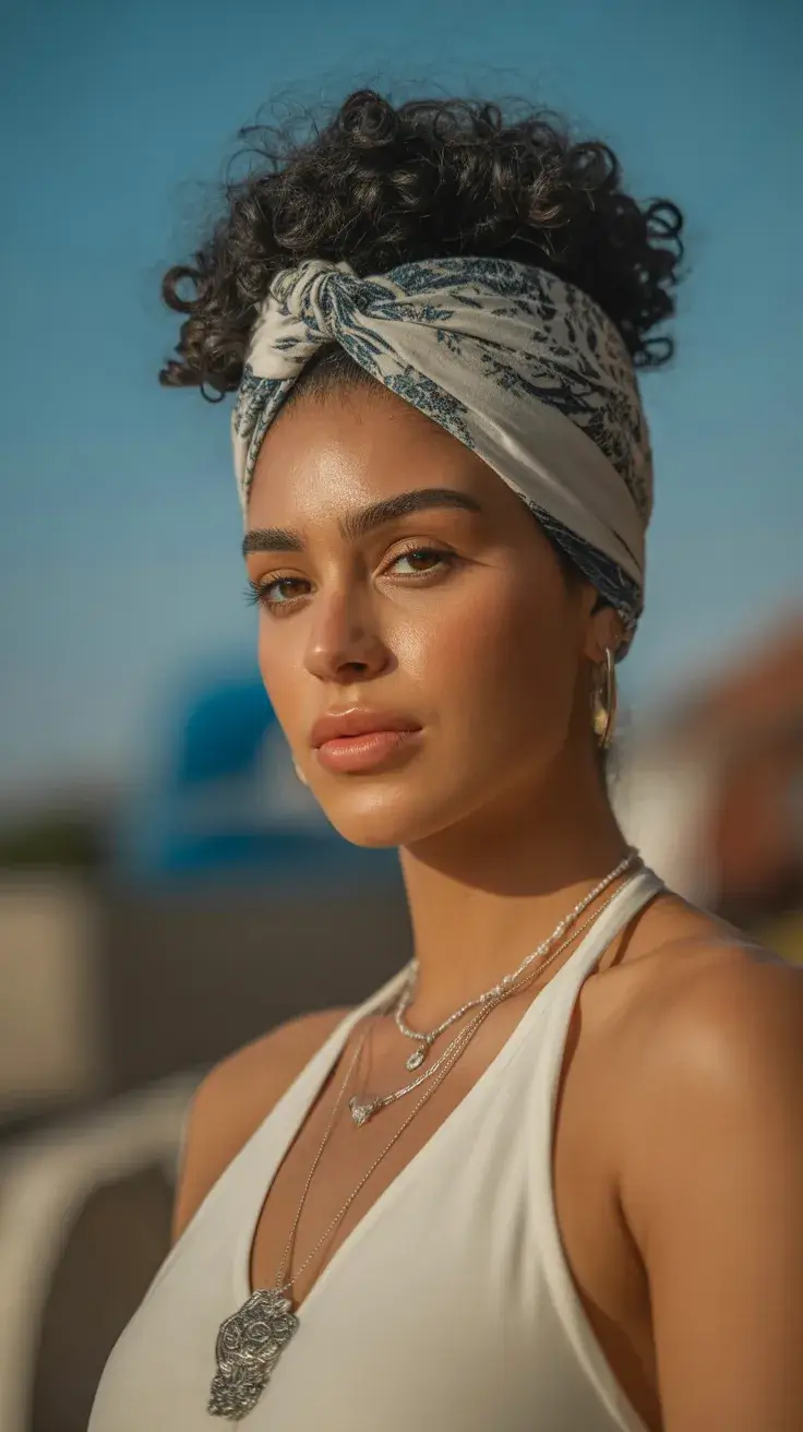 summer hairstyles for swimming 2026 Curly Hair Wrapped in a Lightweight Headscarf