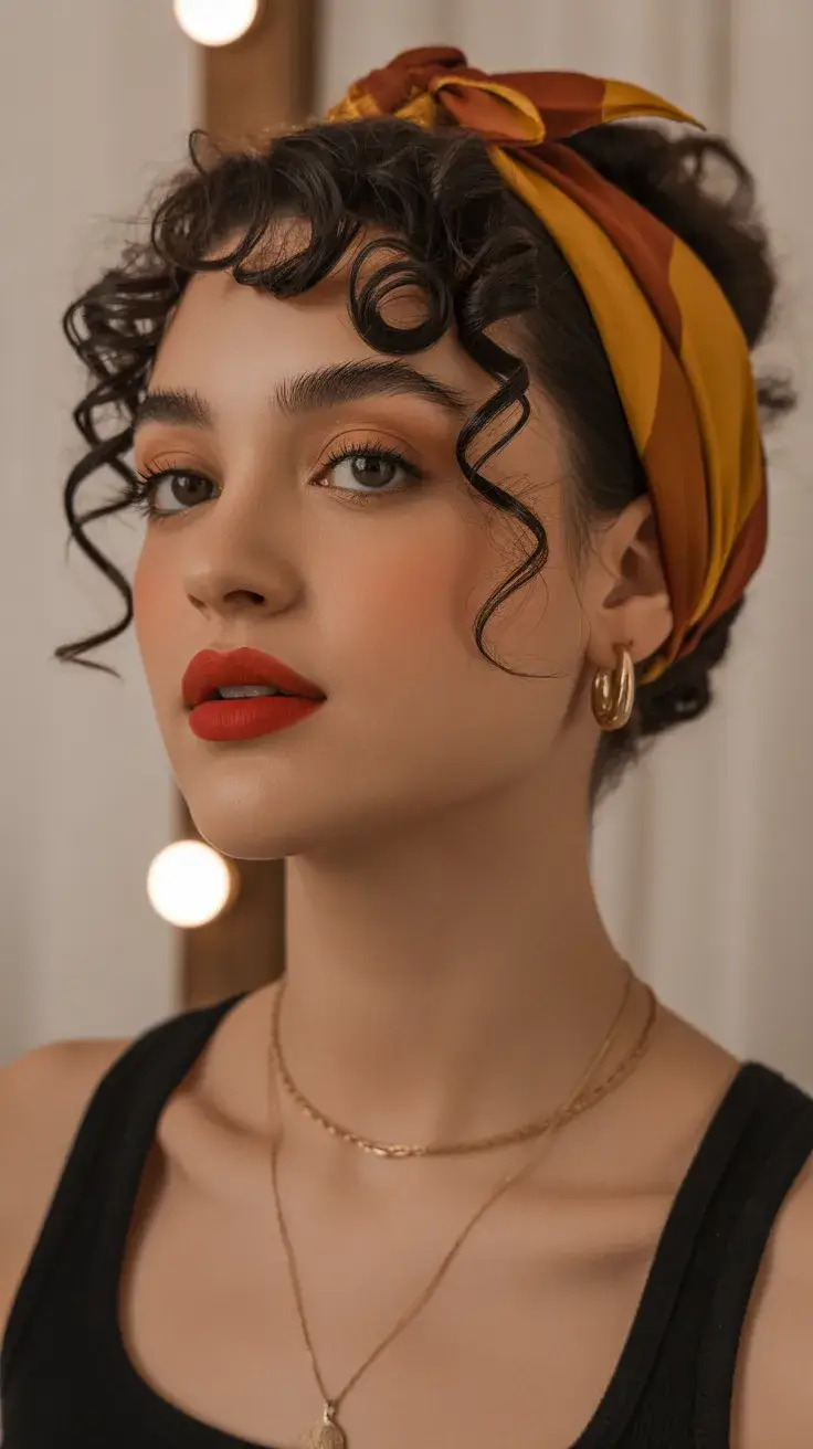 summer hairstyles for swimming 2026 Retro Curly Fringe with Soft Bandana Style