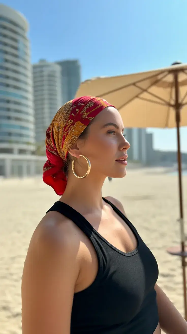 summer hairstyles for swimming 2026 Scarf-Wrapped Low Bun for Effortless Beach Days
