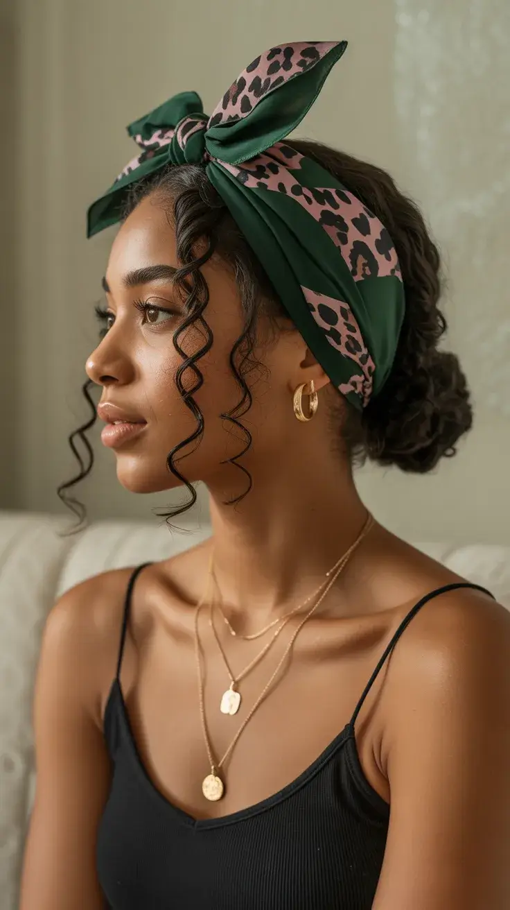 summer hairstyles for swimming 2026 Soft Curly Updo with Statement Scarf