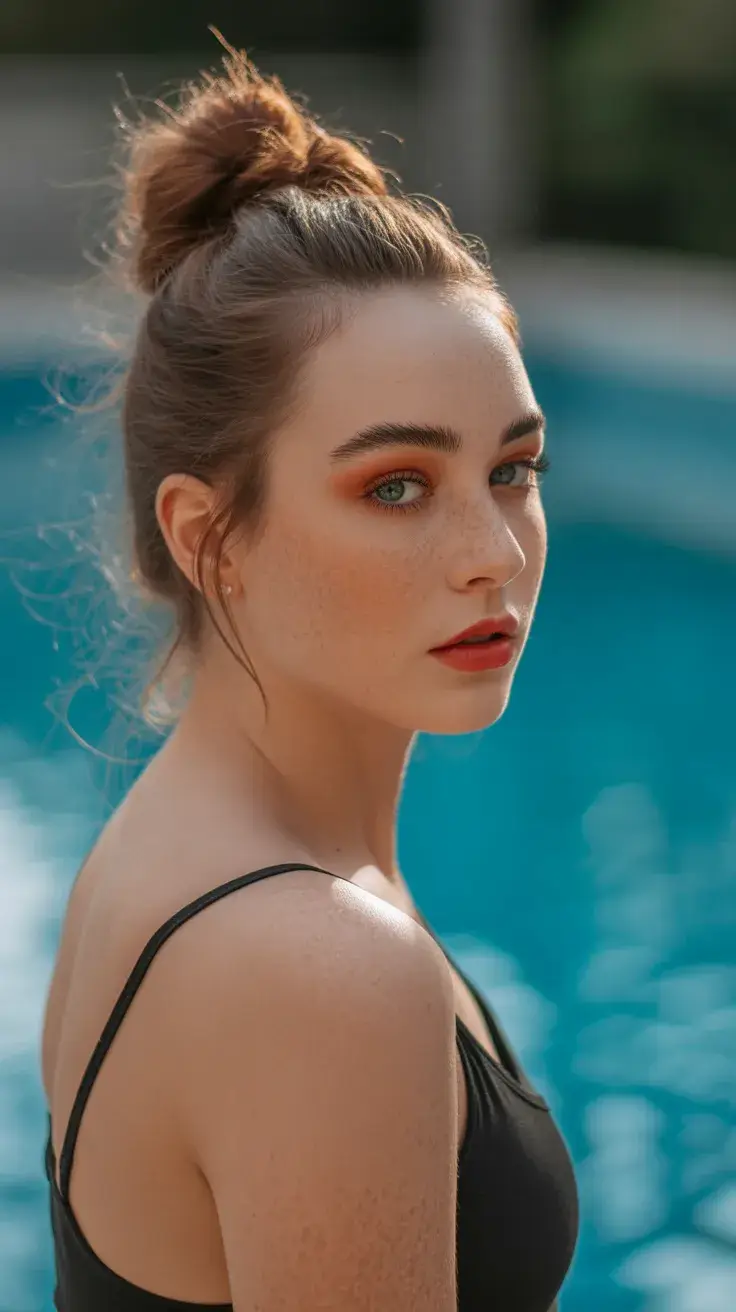 summer hairstyles for swimming 2026 Messy Top Knot with Soft Face-Framing Pieces