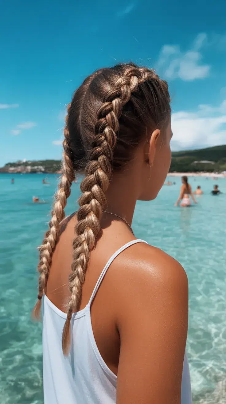 summer hairstyles for swimming 2026 Chunky Long Braids for a Sunlit Beach Look