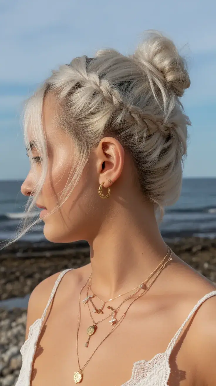 summer hairstyles for swimming 2026 Textured Braided Updo with Soft Loose Strands