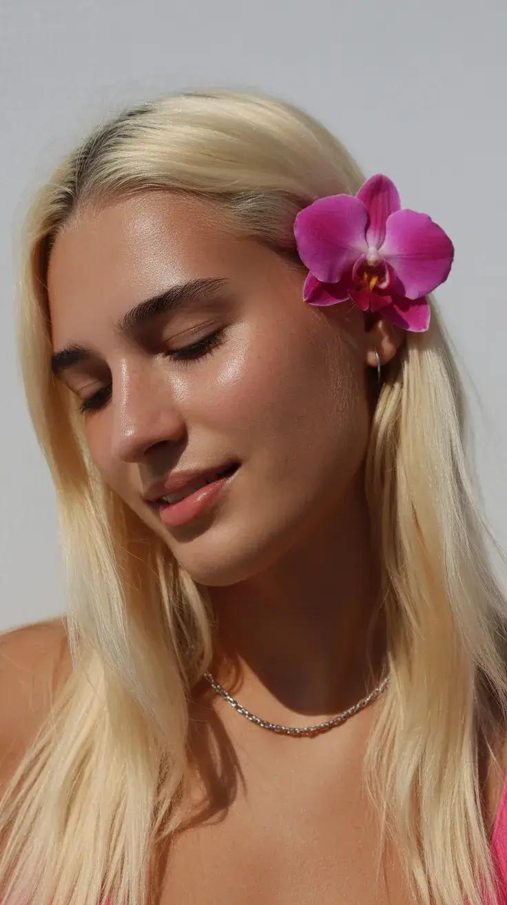 summer hairstyles for swimming 2026 Sleek Straight Blonde with Tropical Accent