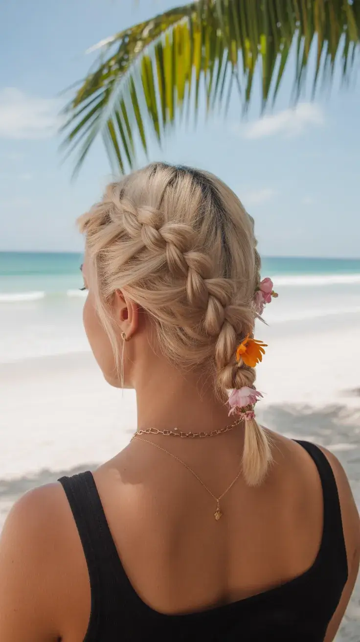 summer hairstyles for swimming 2026 Floral Braided Pony for Playful Beach Days