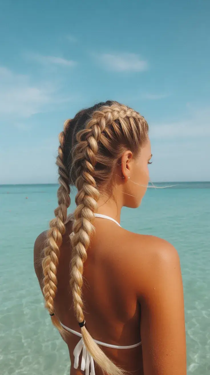 summer hairstyles for swimming 2026 Classic Double Braids for All Day Swimming