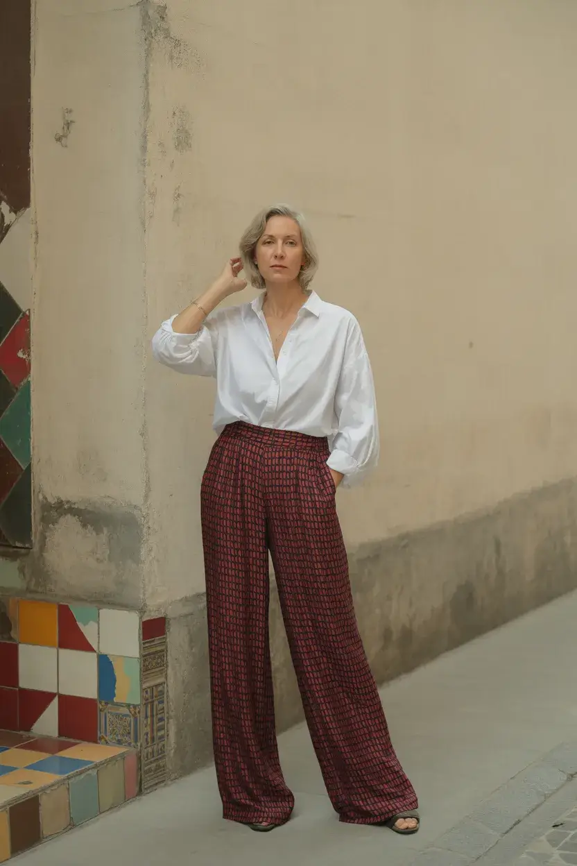 summer outfit for women over 60 2026 Relaxed Elegance in Printed Trousers