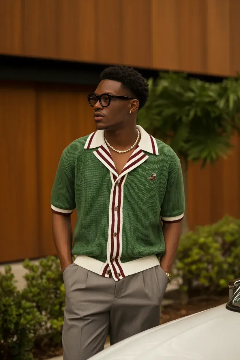 summer outfits fort men 2026 Vintage Green Knit with Modern Ease