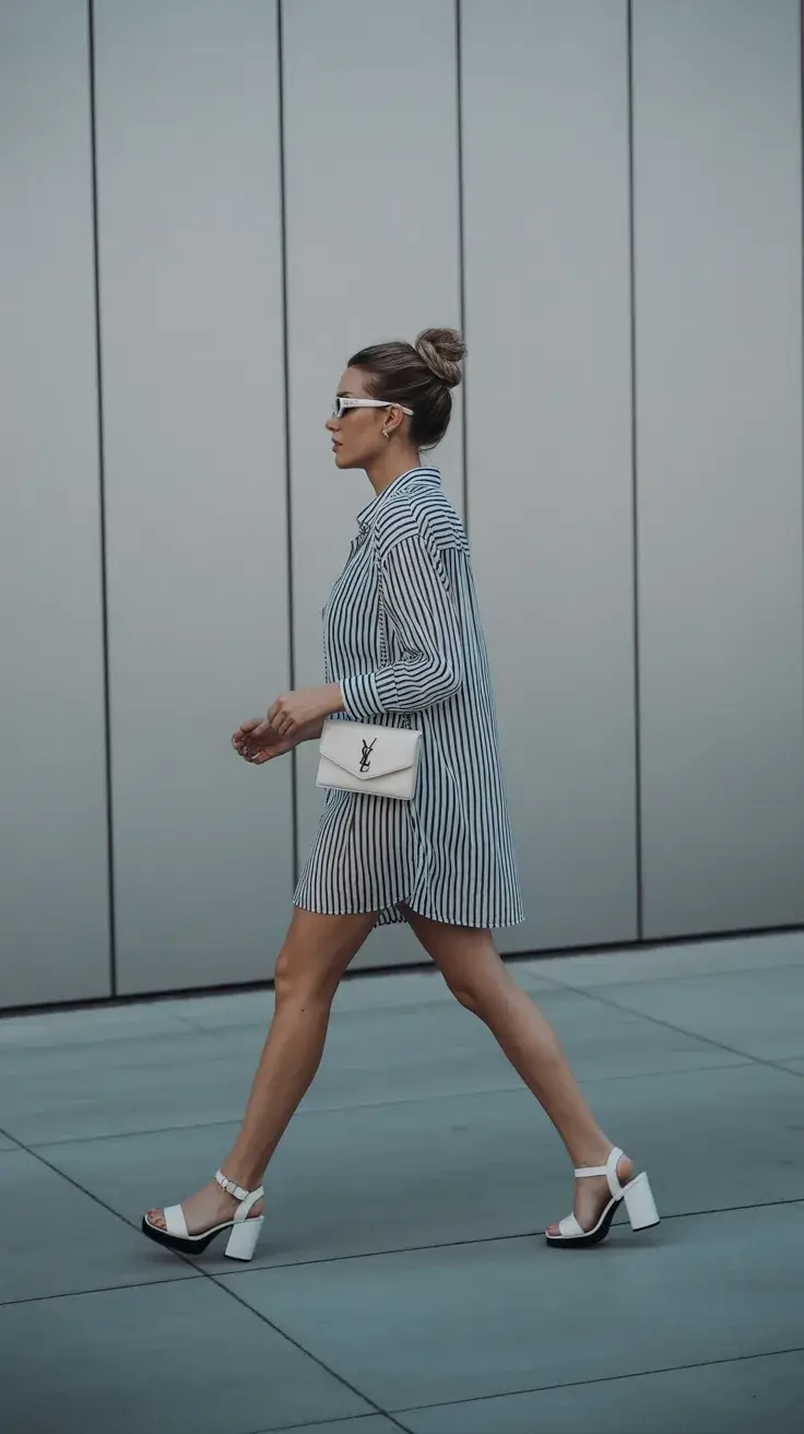 summer outfits with sandals 2026 Striped Shirt Dress and Clean Heels for Polished Days