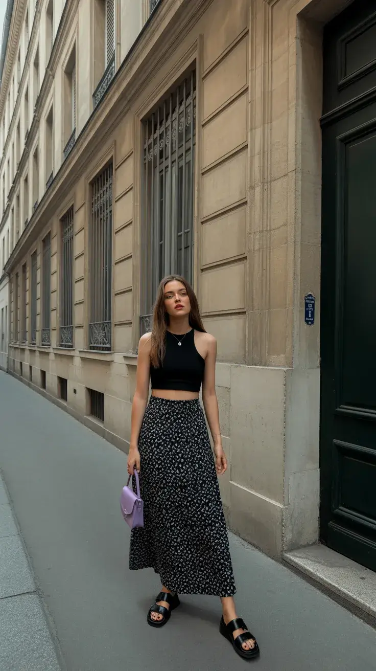 summer outfits with sandals 2026 Black Crop Top and Flowing Skirt for Soft City Evenings