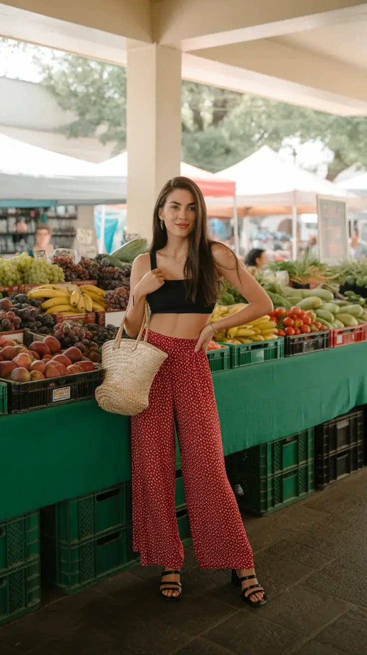 summer outfits with sandals 2026 Market Morning Look with Printed Pants and Simple Sandals