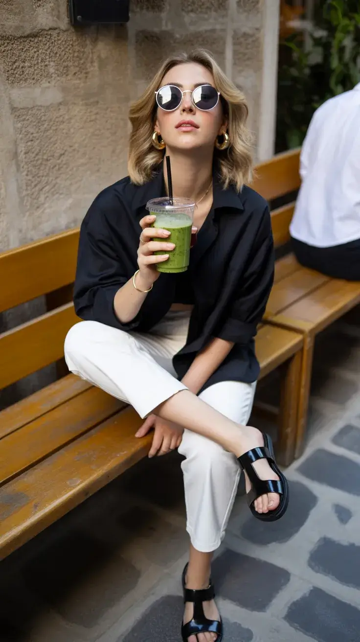 summer outfits with sandals 2026 Monochrome Black Shirt and Tailored Pants Mood