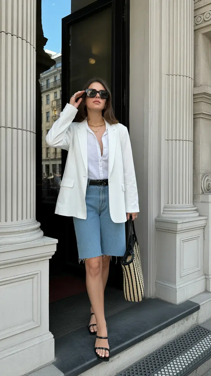 summer outfits with sandals 2026 Structured Blazer and Denim Balance
