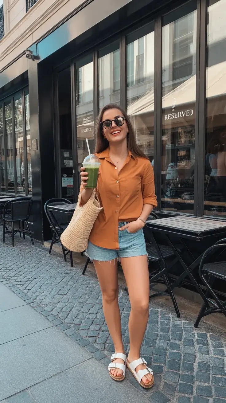 summer outfits with sandals 2026 Warm Terracotta Shirt and Denim Shorts Ease