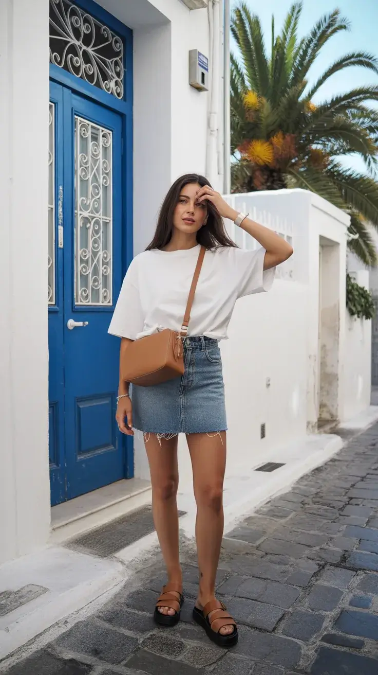 summer outfits with sandals 2026 Denim Mini and Oversized Tee for an Easy Summer Reset