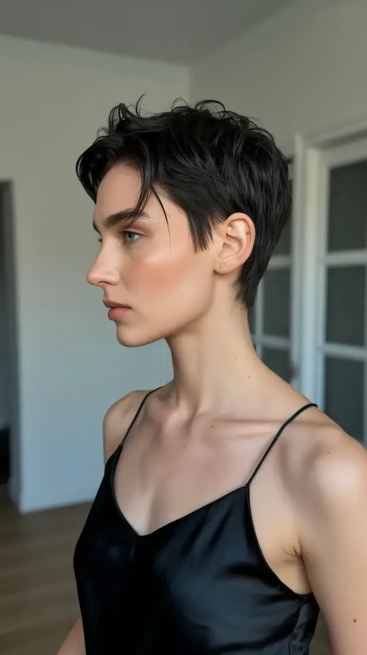 summer short haircut 2026 Sharp Dark Pixie with Sleek Volume