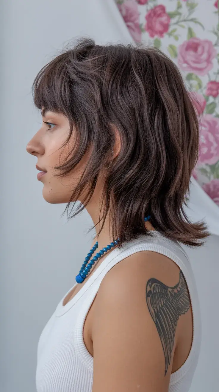 summer short haircut 2026 Textured Brunette Wolf Cut with Movement