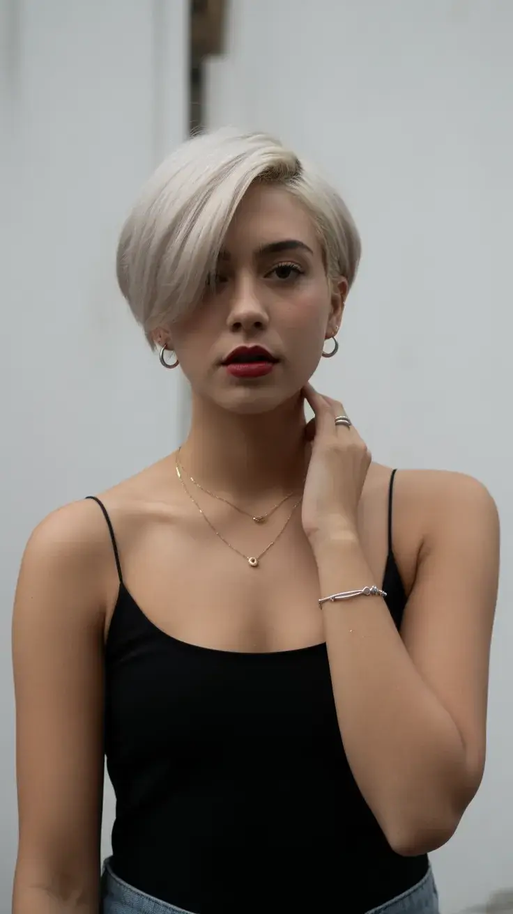 summer short haircut 2026 Platinum Sleek Pixie with Side Sweep