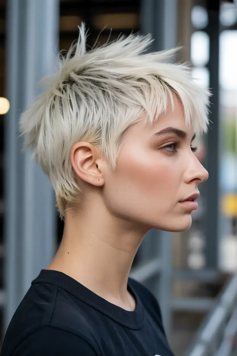 summer short haircut 2026 Choppy Platinum Pixie with Spiky Texture