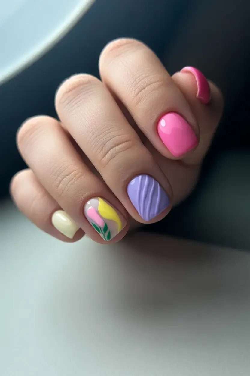 summer short nail inspo 2026 playful pastel mix with floral accent