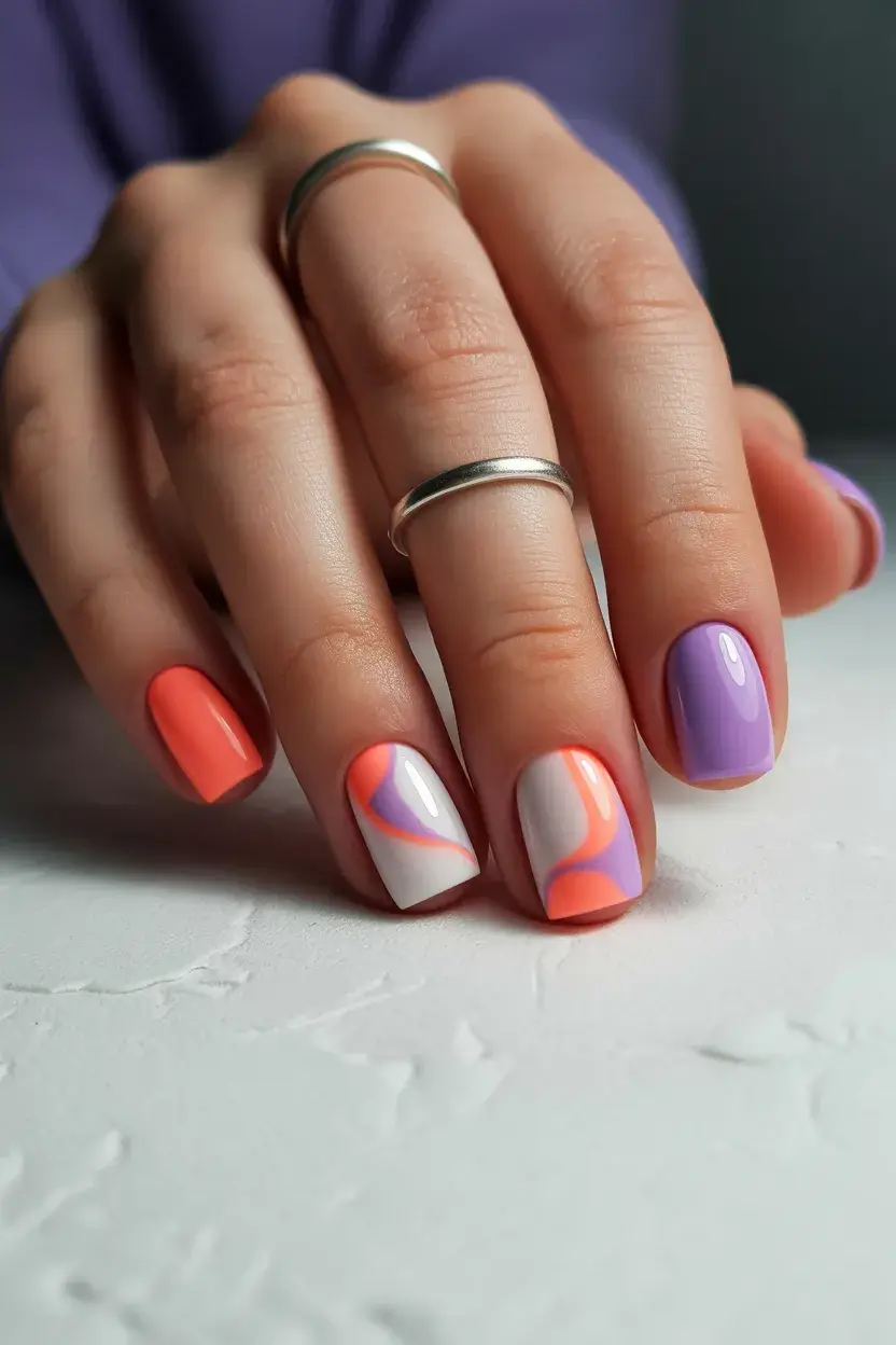 summer short nail inspo 2026 coral lavender color block nails